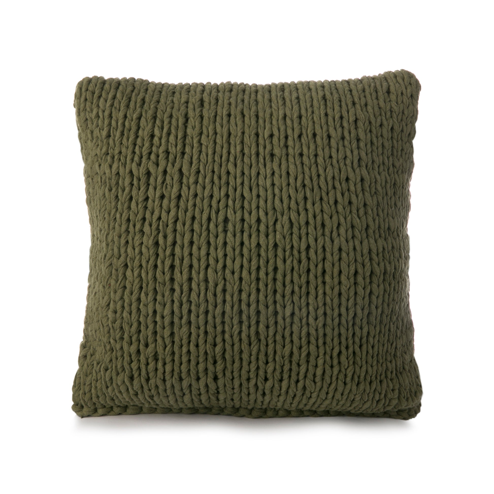Almofada em tricô artesanal Verde, frente e verso, com fio 100% algodão. Fechamento com zíper, possibilitando a remoção da capa para lavagem. Dimensões: Altura - 50cm; Largura - 50cm.