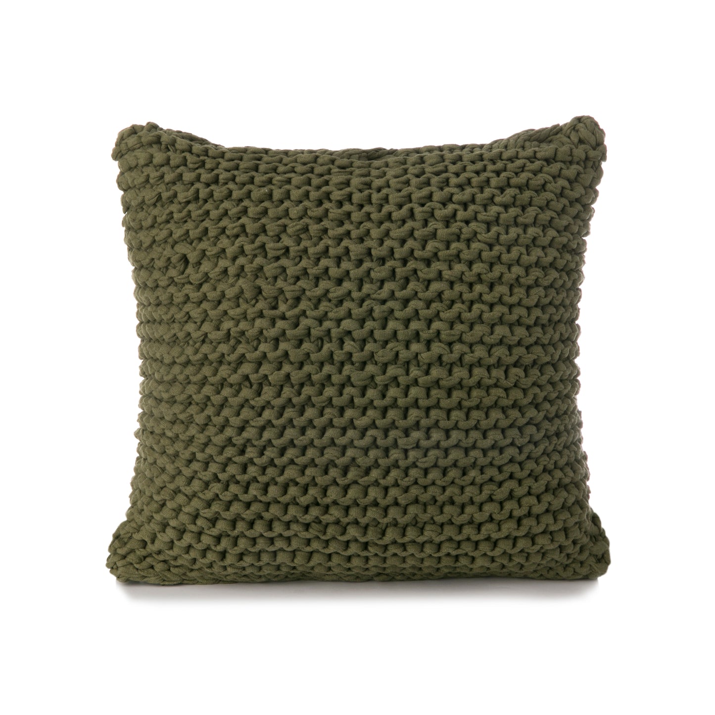 Almofada em tricô artesanal Verde, frente e verso, com fio 100% algodão. Fechamento com zíper, possibilitando a remoção da capa para lavagem. Dimensões: Altura - 50cm; Largura - 50cm.