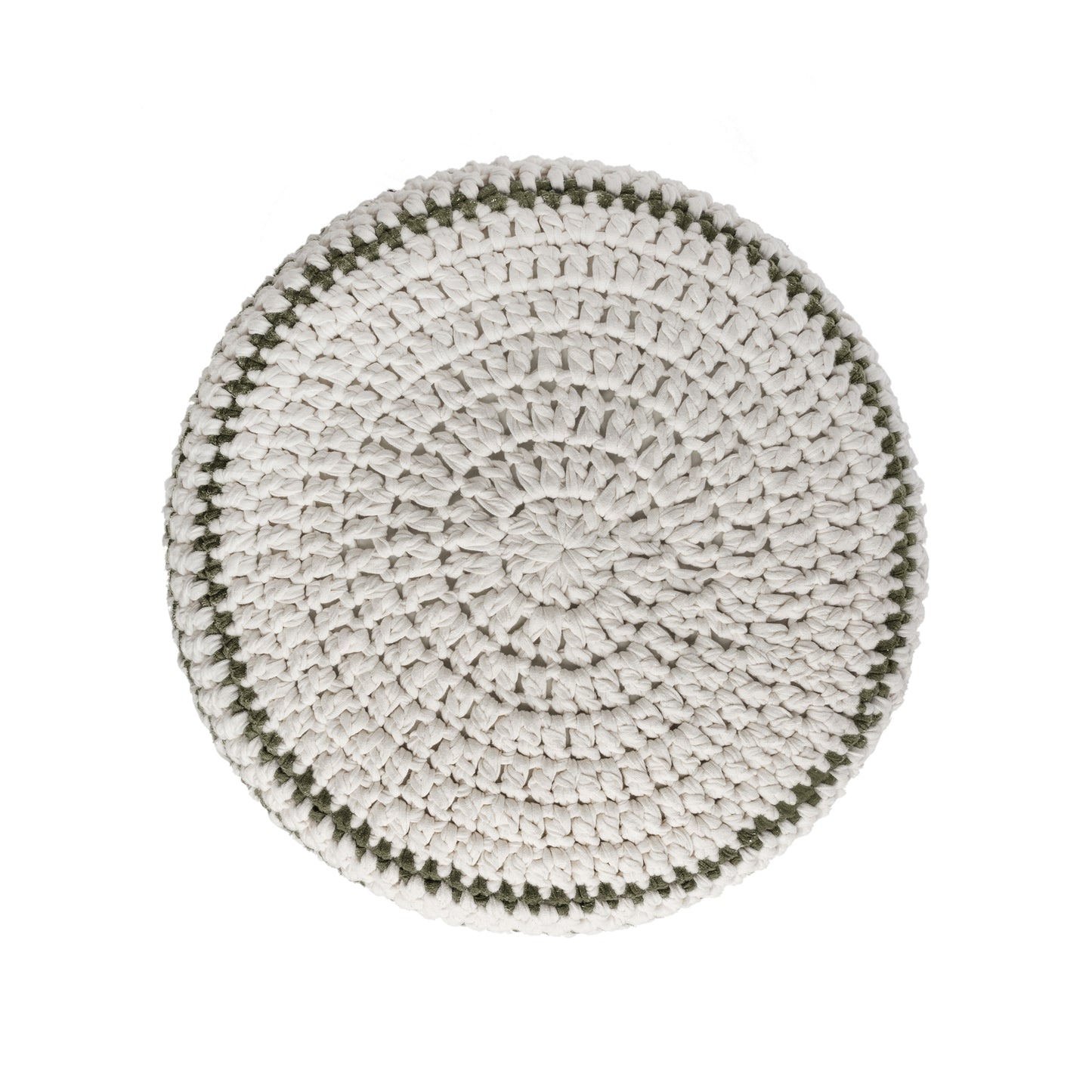 Puff de crochê artesanal listras, Verde, com fio 100% algodão. Fechamento com zíper, possibilitando a remoção da capa para lavagem. Dimensões: Altura - 30cm; Diâmetro - 60cm.