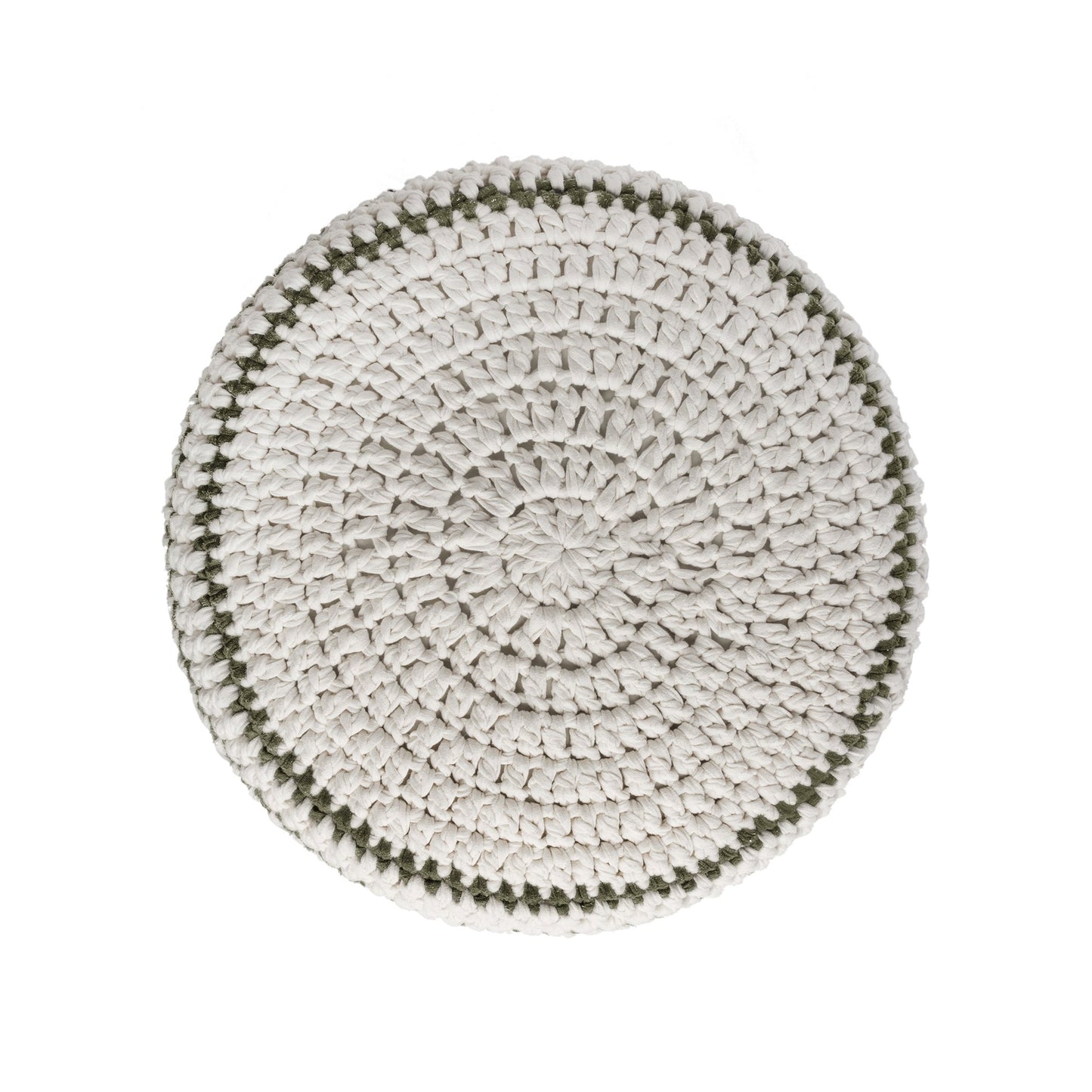 Puff de crochê artesanal listras, Verde, com fio 100% algodão.  Fechamento com zíper, possibilitando a remoção da capa para lavagem.  Dimensões: Altura - 30cm; Diâmetro - 60cm.