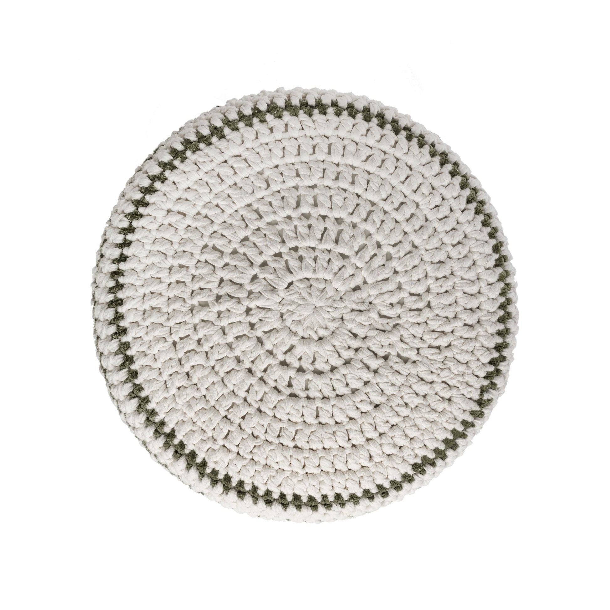 Puff de crochê artesanal listras, Verde, com fio 100% algodão.  Fechamento com zíper, possibilitando a remoção da capa para lavagem.  Dimensões: Altura - 30cm; Diâmetro - 60cm.