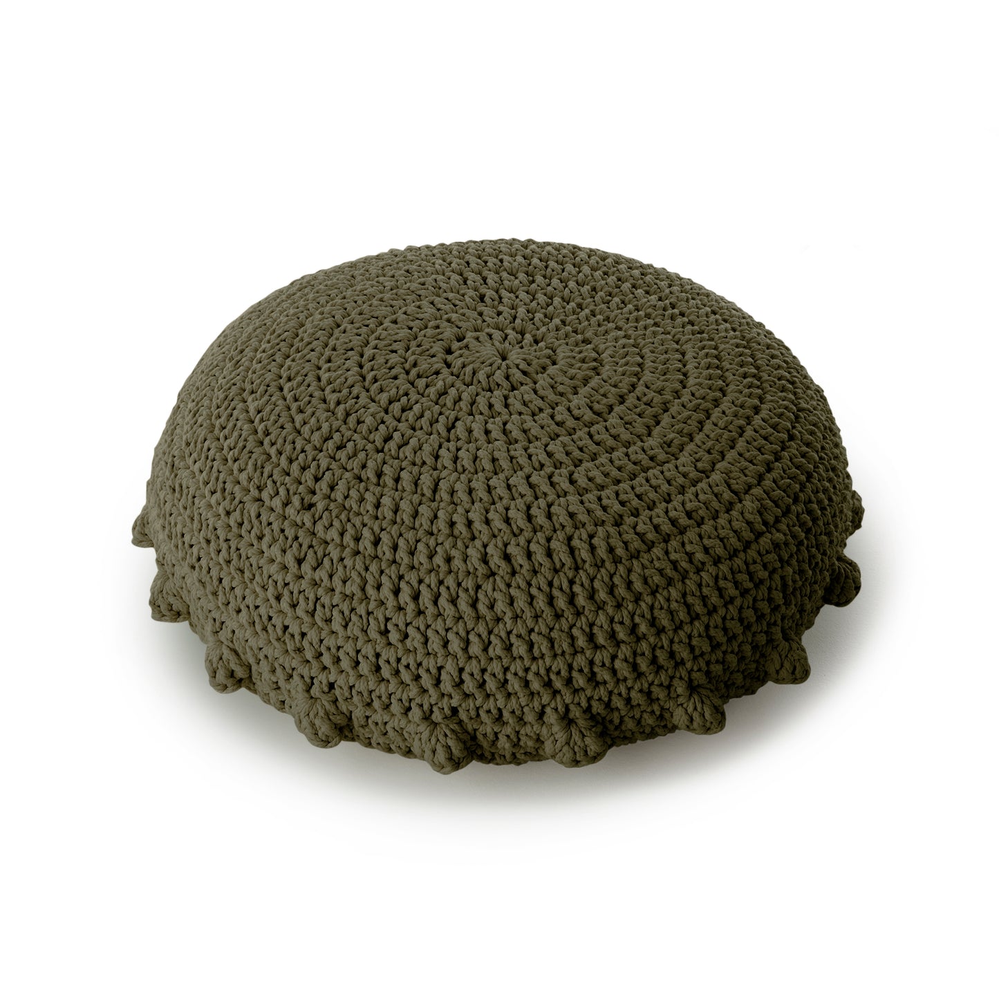 Puff Disco em crochê Verde, com fio 100% algodão. Fechamento com zíper, possibilitando a remoção da capa para lavagem. Dimensões: Altura - 20cm; Diâmetro - 85cm.
