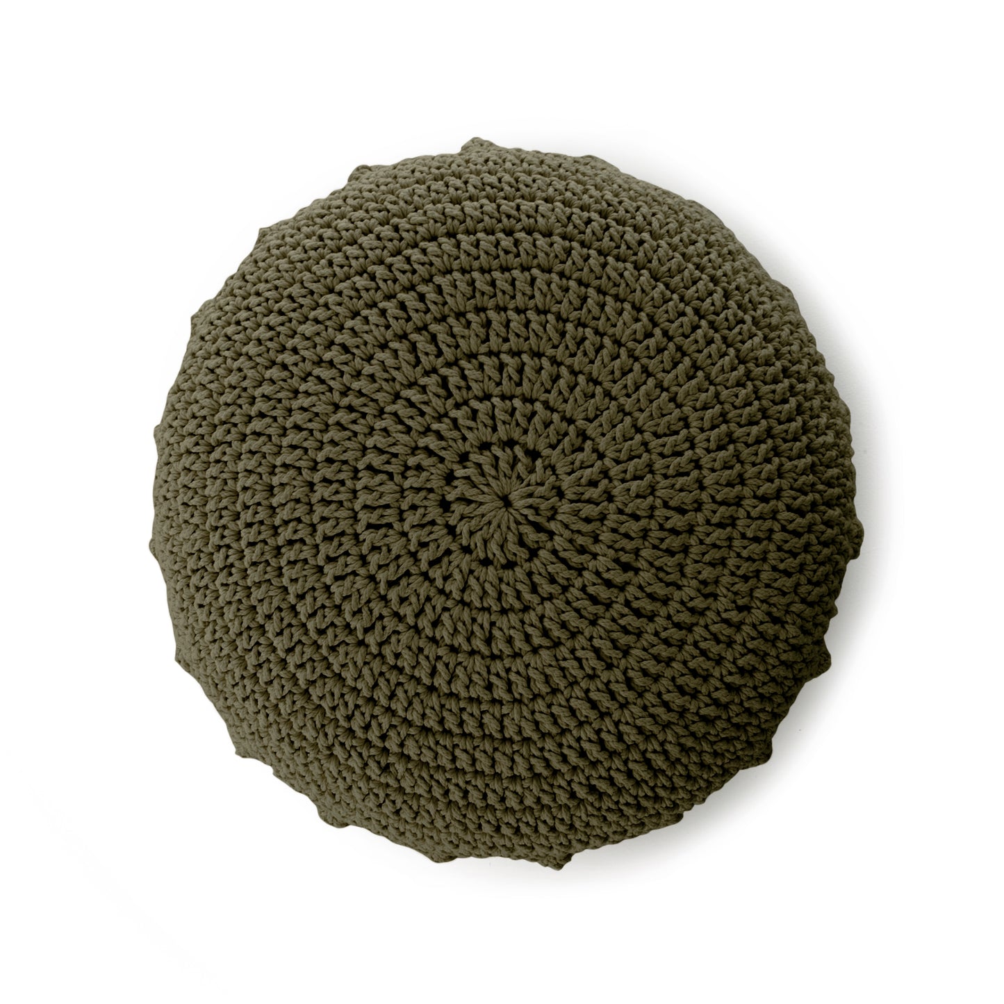 Puff Disco em crochê Verde, com fio 100% algodão. Fechamento com zíper, possibilitando a remoção da capa para lavagem. Dimensões: Altura - 20cm; Diâmetro - 85cm.