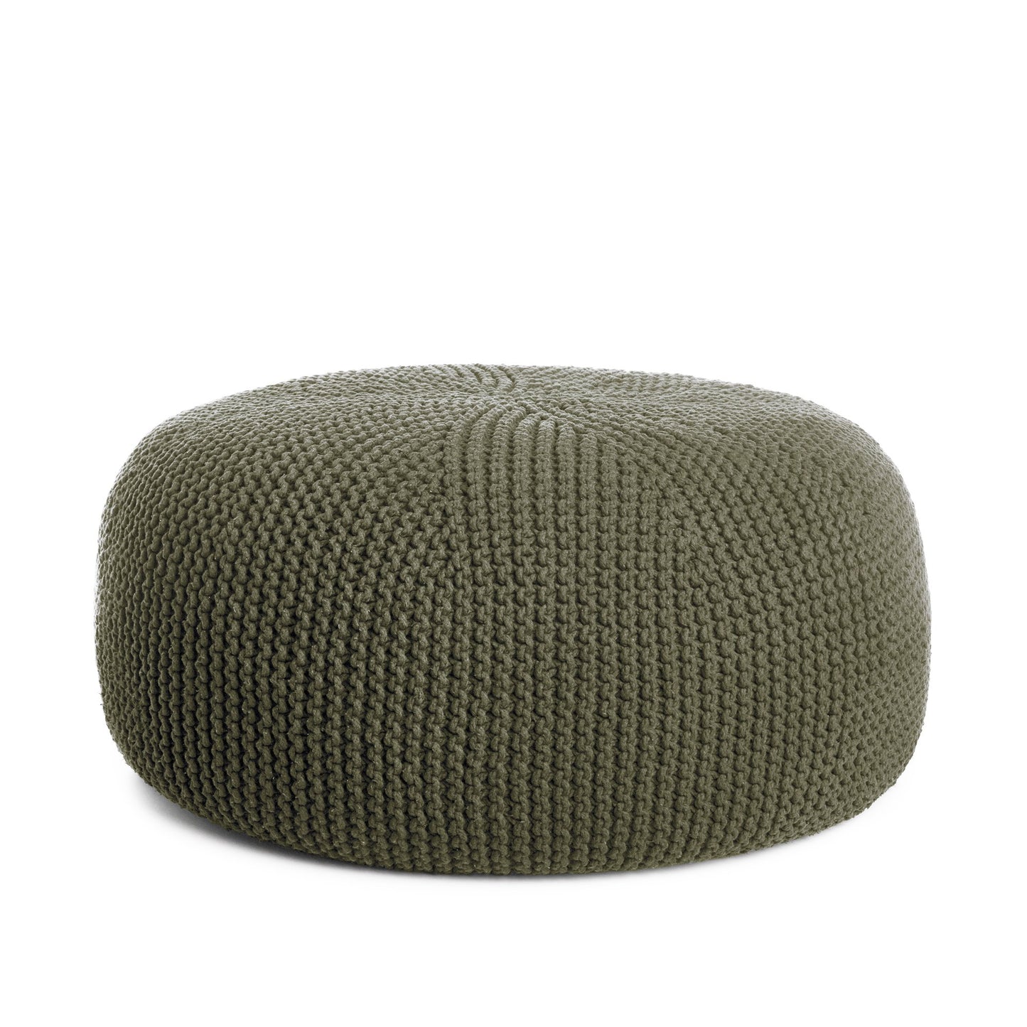 Puff em tricô artesanal,  Verde, com fio 100% algodão. Fechamento com zíper, possibilitando a remoção da capa para lavagem. Dimensões: Altura - 35cm; Diâmetro - 100cm.
