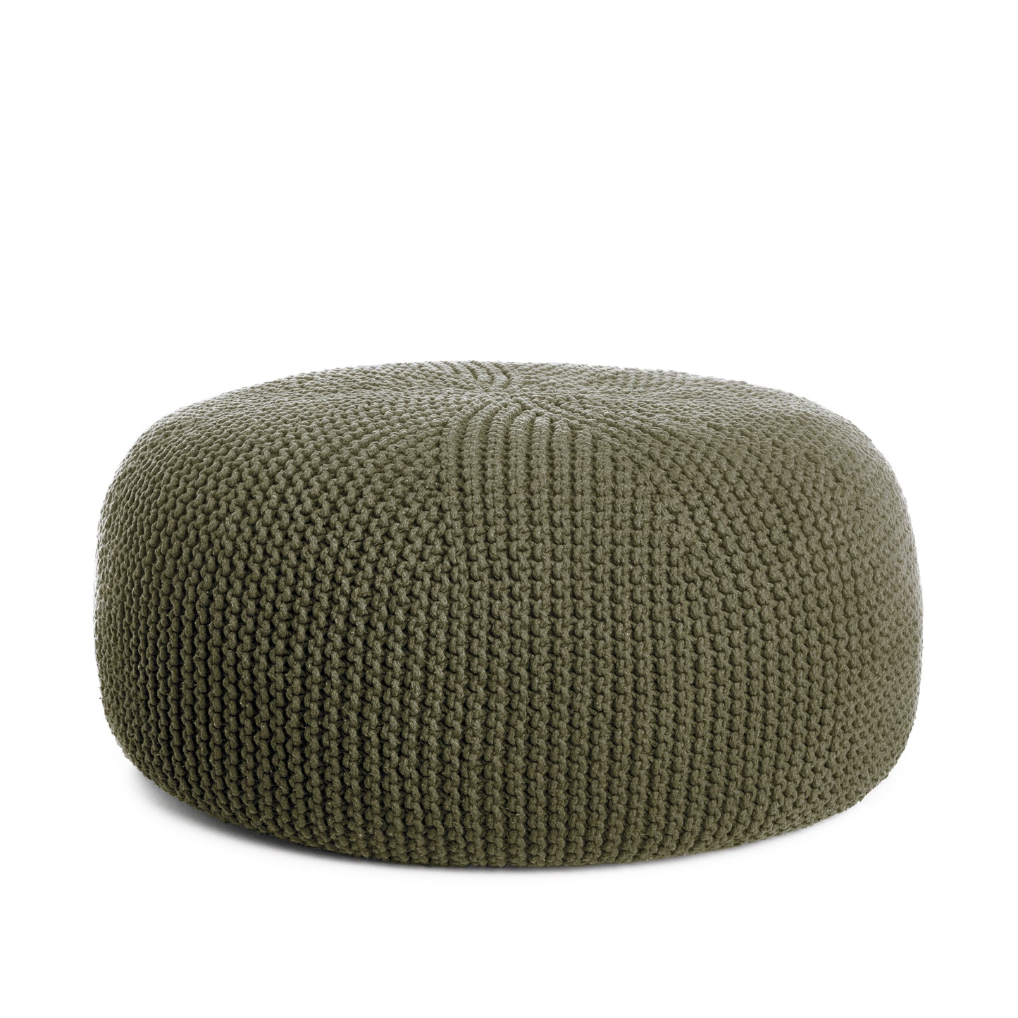 Puff em tricô artesanal, Verde, com fio 100% algodão. Fechamento com zíper, possibilitando a remoção da capa para lavagem. Dimensões: Altura - 35cm; Diâmetro - 100cm.