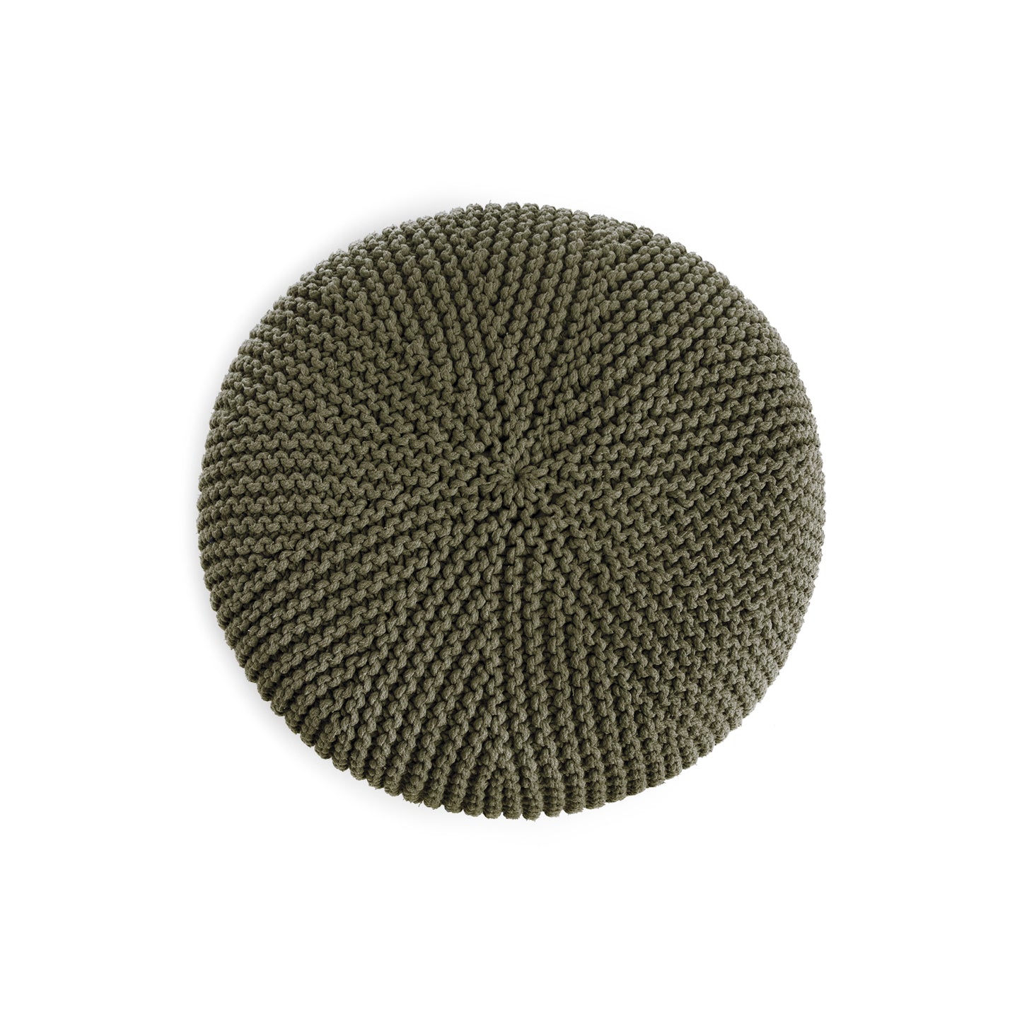 Puff em tricô artesanal, Verde, com fio 100% algodão. Fechamento com zíper, possibilitando a remoção da capa para lavagem. Dimensões: Altura - 30cm; Diâmetro - 75cm.