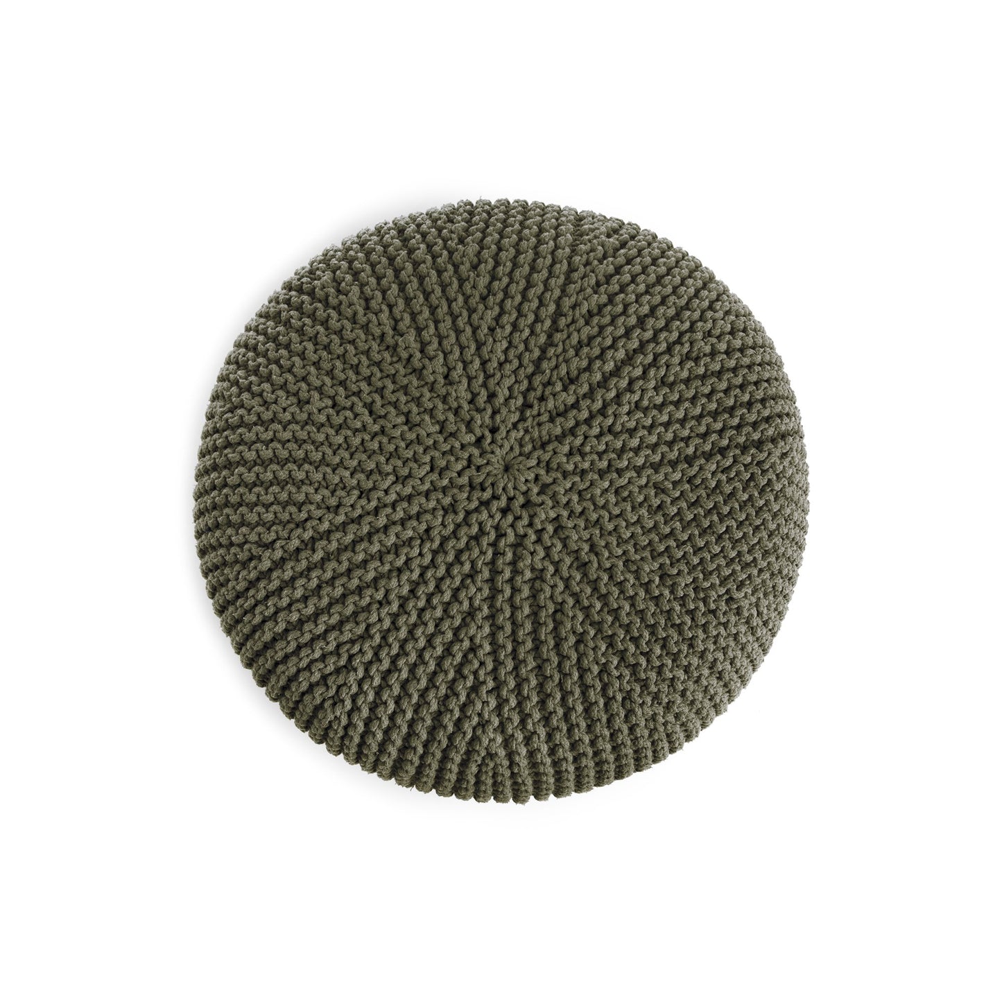 Puff em tricô artesanal,  Verde, com fio 100% algodão. Fechamento com zíper, possibilitando a remoção da capa para lavagem. Dimensões: Altura - 30cm; Diâmetro - 75cm.
