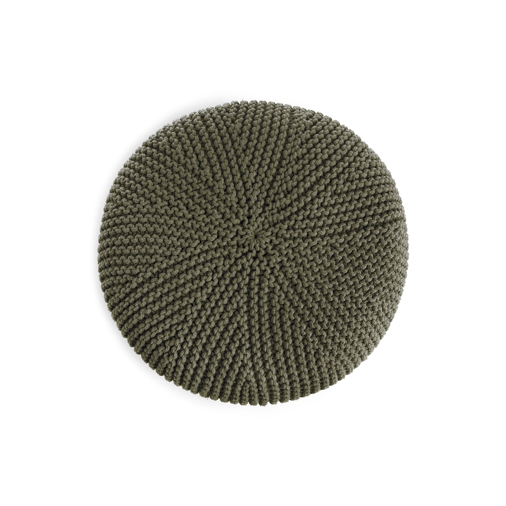 Puff em tricô artesanal,  Verde, com fio 100% algodão. Fechamento com zíper, possibilitando a remoção da capa para lavagem. Dimensões: Altura - 30cm; Diâmetro - 75cm.
