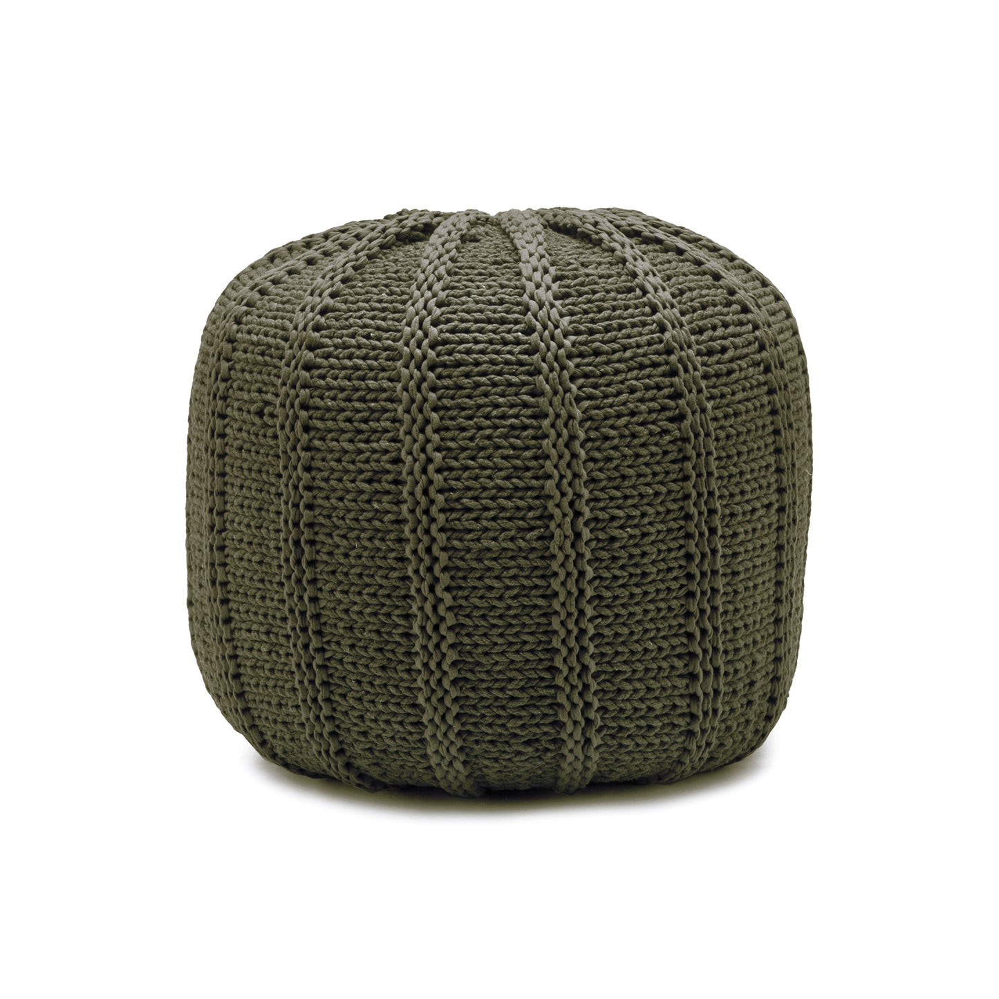 Puff em tricô artesanal, Verde, com fio 100% algodão. Fechamento com zíper, possibilitando a remoção da capa para lavagem. Dimensões: Altura - 40cm; Diâmetro - 40cm.