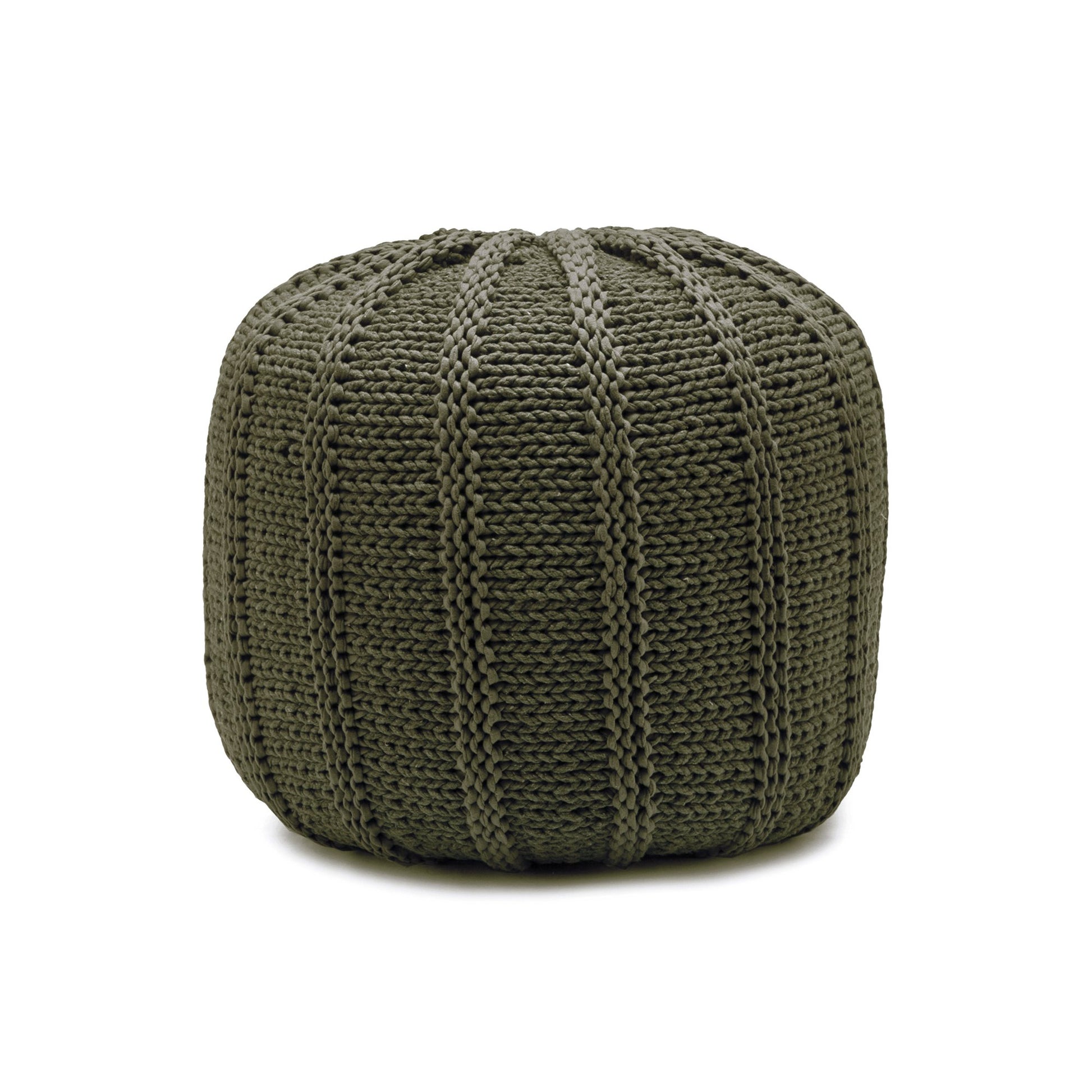Puff em tricô artesanal, Verde, com fio 100% algodão. Fechamento com zíper, possibilitando a remoção da capa para lavagem. Dimensões: Altura - 40cm; Diâmetro - 40cm.