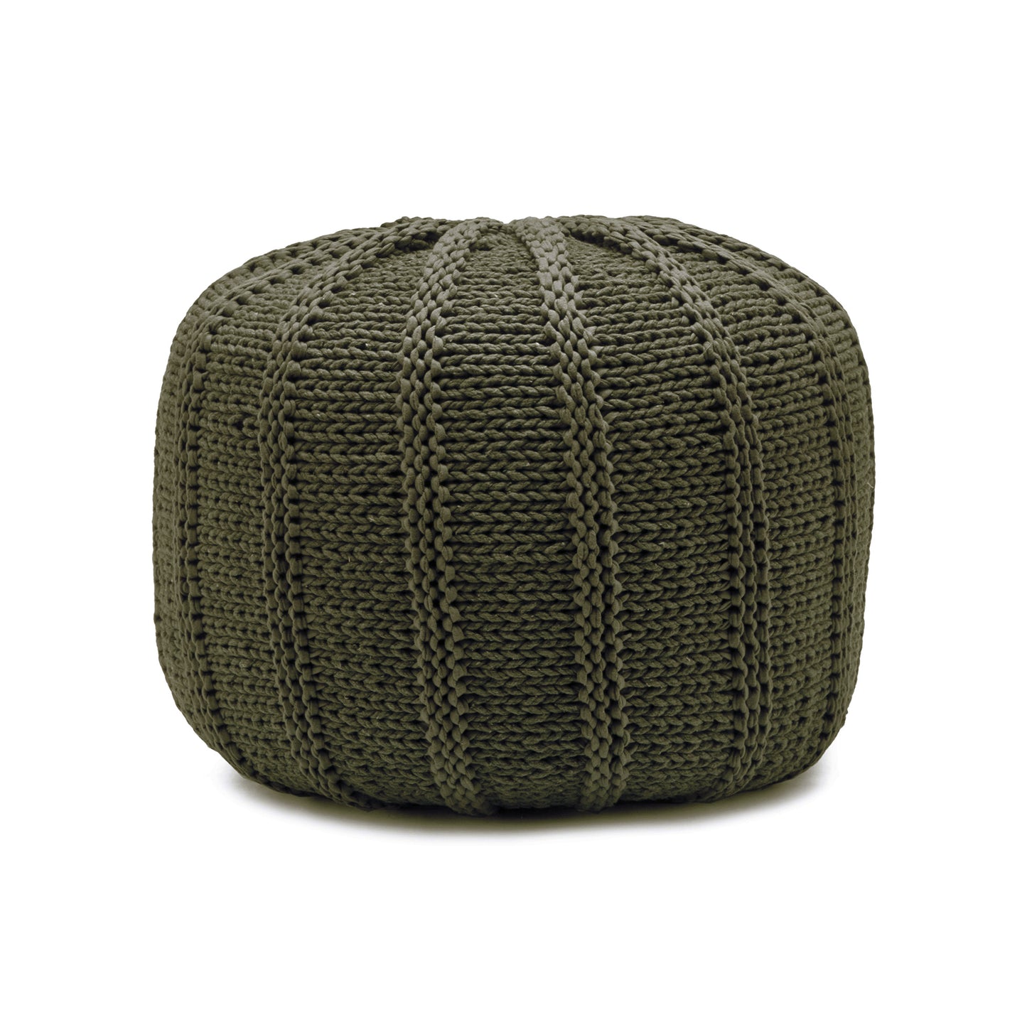 Puff em tricô artesanal, Verde, com fio 100% algodão. Fechamento com zíper, possibilitando a remoção da capa para lavagem. Dimensões: Altura - 40cm; Diâmetro - 60cm.