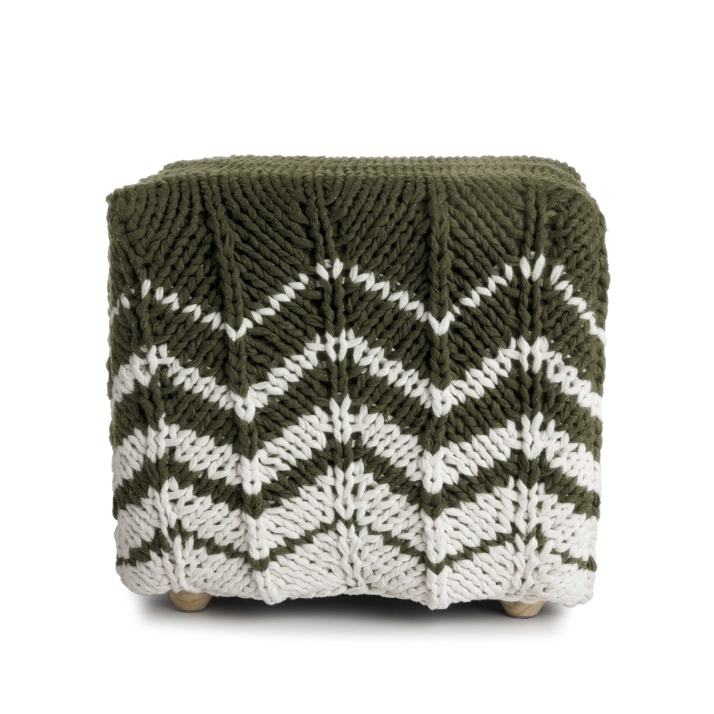 Puff Zig Zag, em tricô artesanal, Verde/Cru, com fio 100% algodão. Dimensões: Altura - 40cm; Largura - 45cm; Comprimento - 45cm.