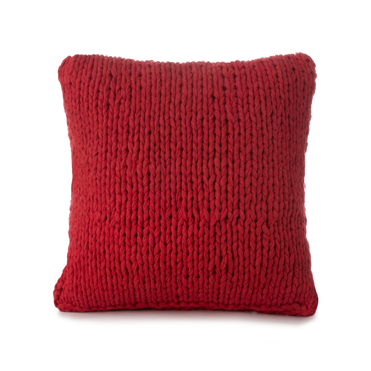 Almofada em tricô artesanal Vermelha, frente e verso, com fio 100% algodão. Fechamento com zíper, possibilitando a remoção da capa para lavagem. Dimensões: Altura - 50cm; Largura - 50cm.