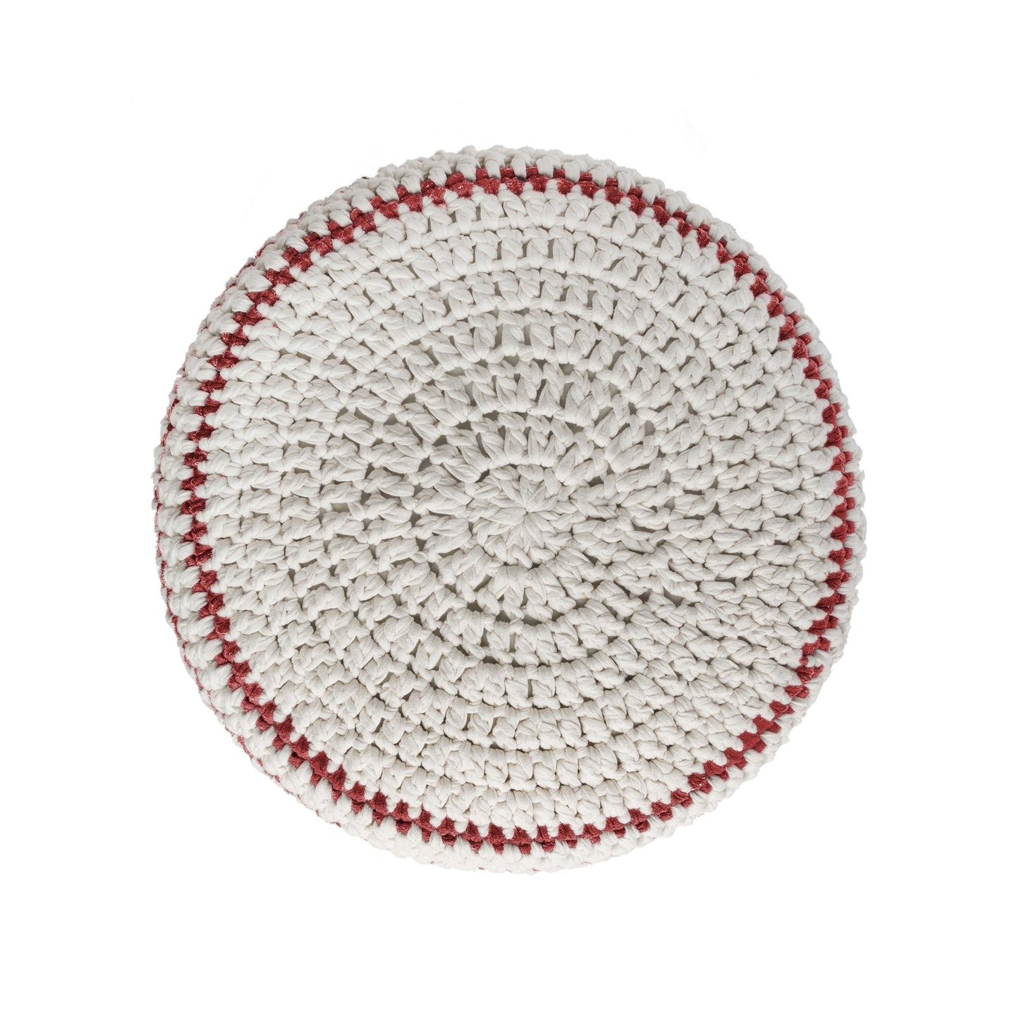 Puff de crochê artesanal listras, Vermelho, com fio 100% algodão. Fechamento com zíper, possibilitando a remoção da capa para lavagem. Dimensões: Altura - 30cm; Diâmetro - 60cm.