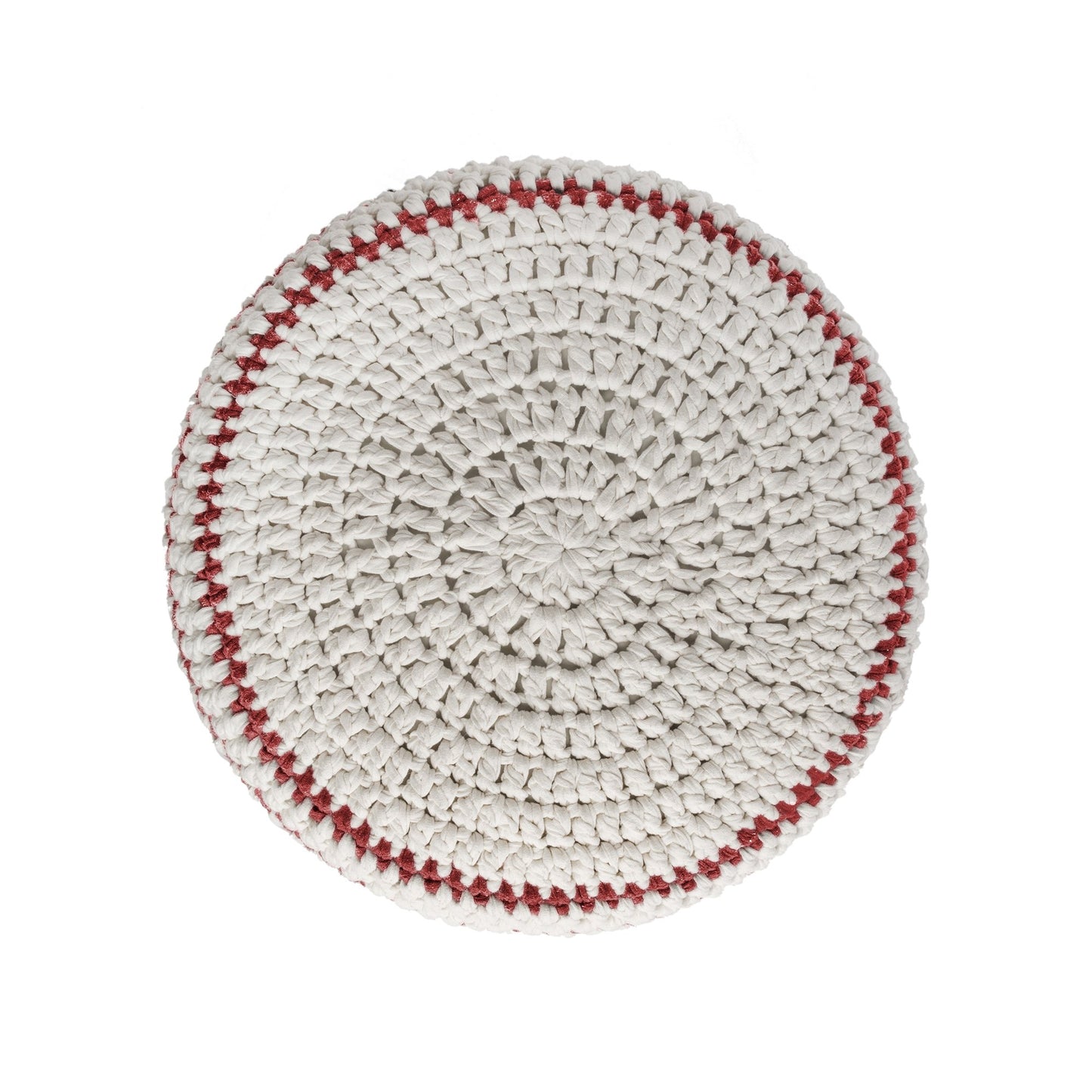 Puff de crochê artesanal listras, Vermelho, com fio 100% algodão.  Fechamento com zíper, possibilitando a remoção da capa para lavagem.  Dimensões: Altura - 30cm; Diâmetro - 60cm.