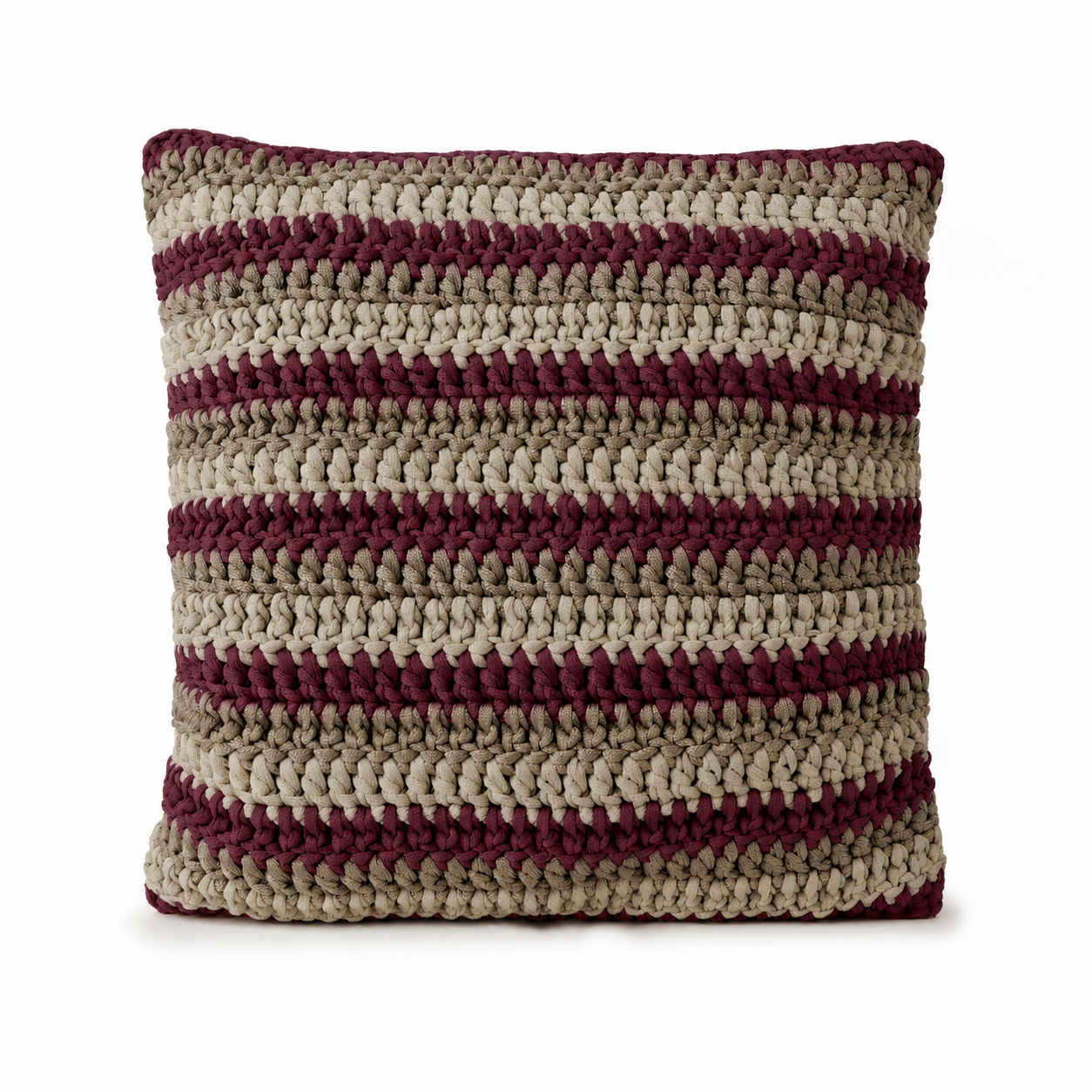 Almofada em Crochê Listrada Horizontal 1x1 Outdoor 50x50 Cru/Fendi/Marsala