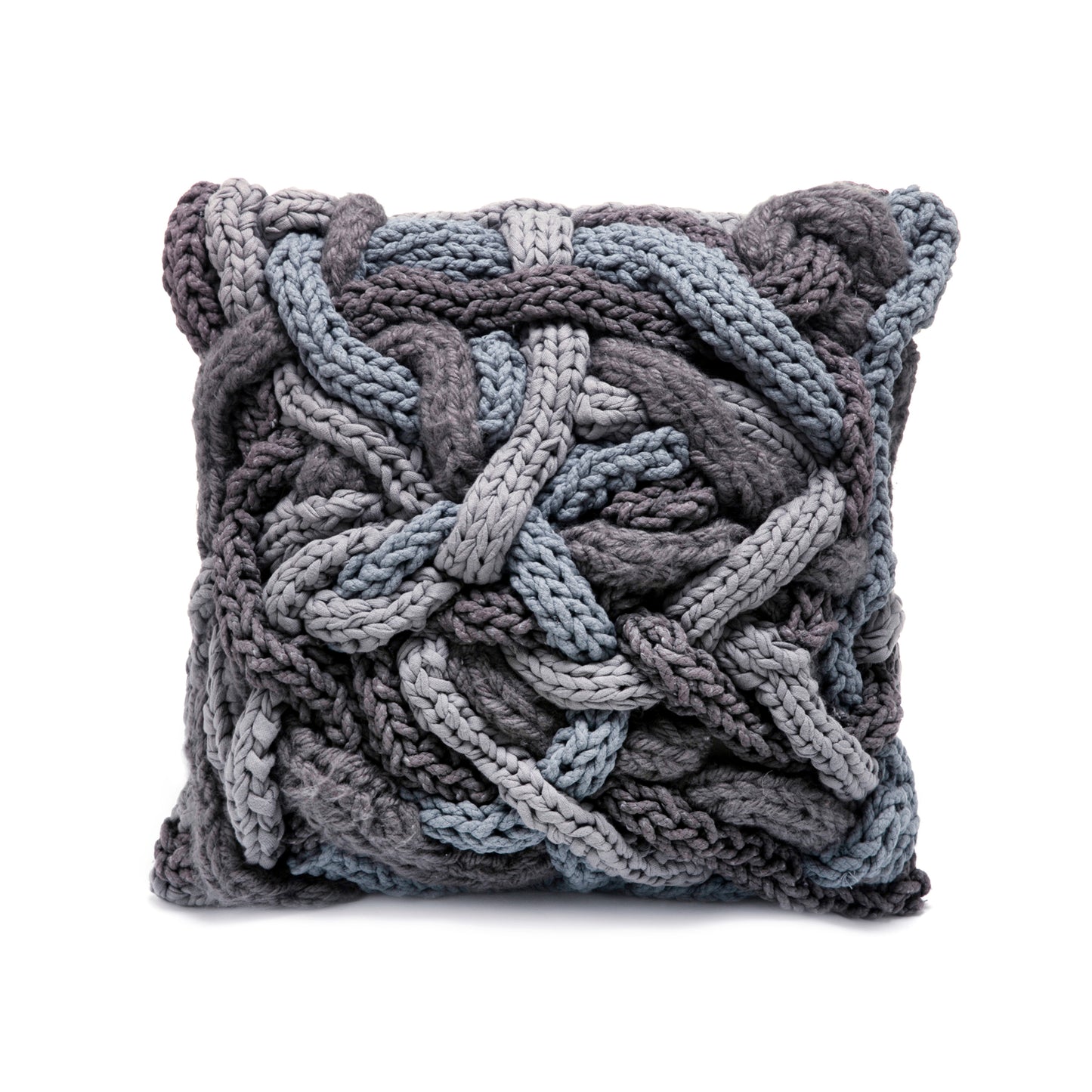 Almofada  em tricô e crochê artesanal com Mix de Fios Roots 60x60 Cinza