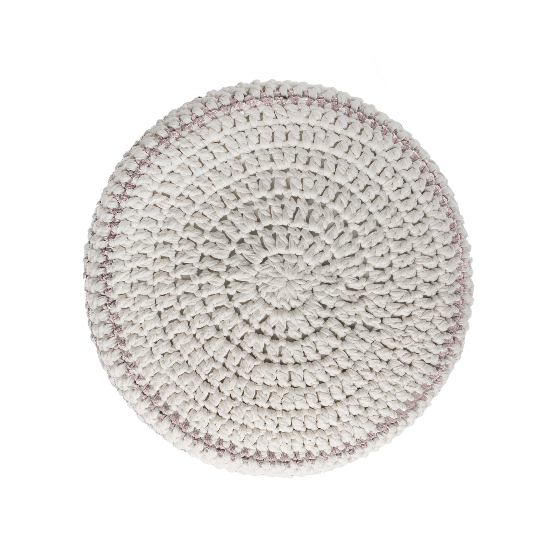 Puff de crochê artesanal listras, Rose, com fio 100% algodão.  Fechamento com zíper, possibilitando a remoção da capa para lavagem.  Dimensões: Altura - 30cm; Diâmetro - 60cm. 
