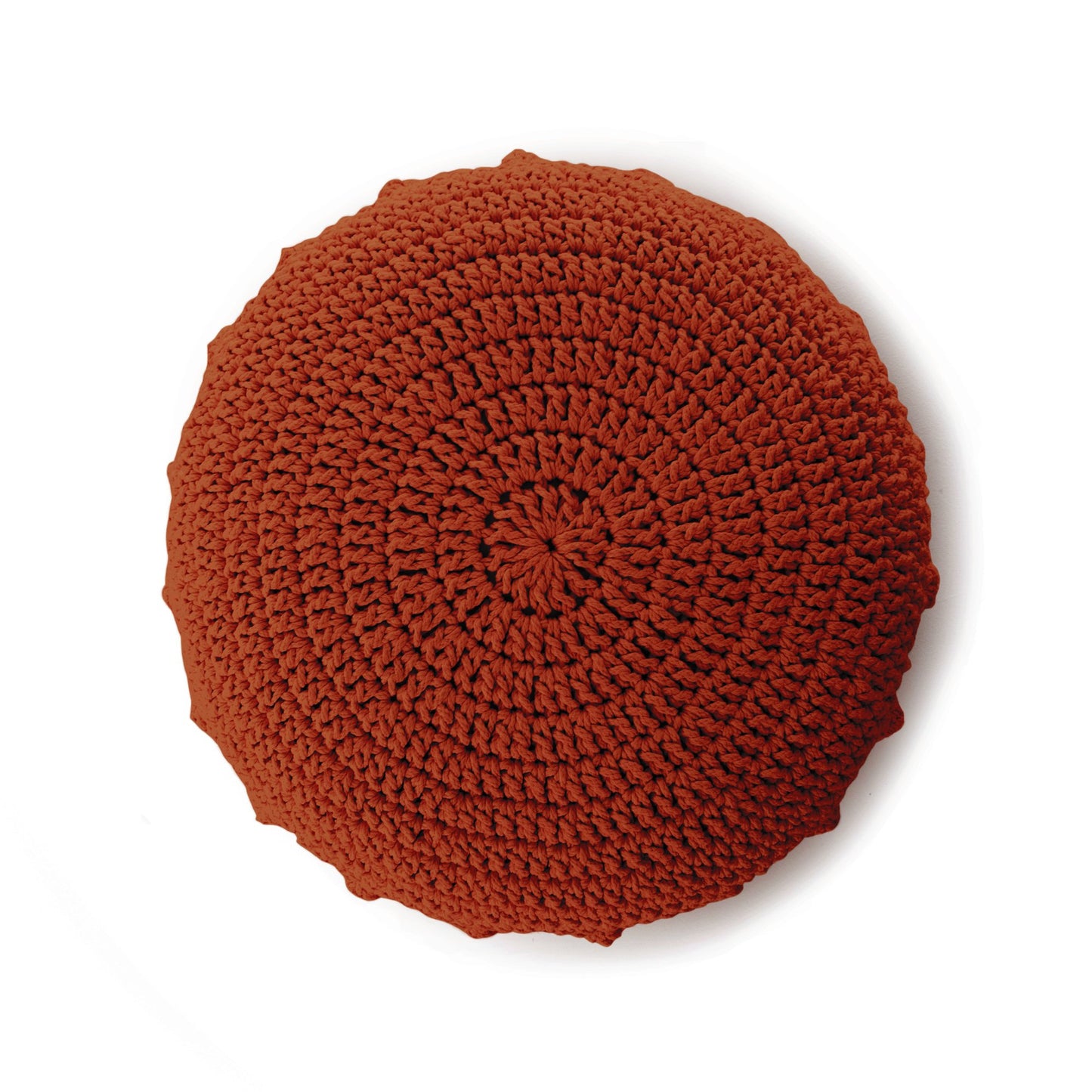 Puff Disco em crochê Terracota, com fio 100% algodão.  Fechamento com zíper, possibilitando a remoção da capa para lavagem.  Dimensões: Altura - 20cm; Diâmetro - 85cm. 