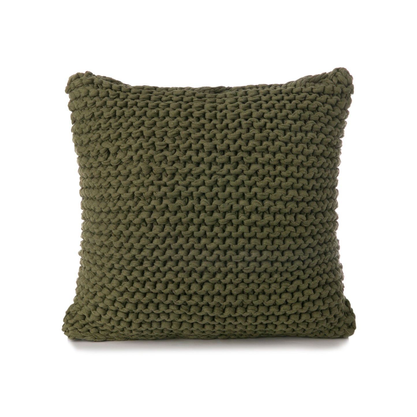 Almofada em tricô artesanal Verde, frente e verso, com fio 100% algodão. Fechamento com zíper, possibilitando a remoção da capa para lavagem. Dimensões: Altura - 50cm; Largura - 50cm. 