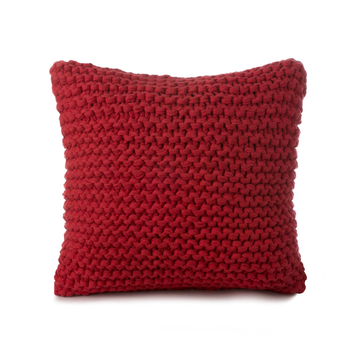 Almofada em tricô artesanal Vermelho, frente e verso, com fio 100% algodão. Fechamento com zíper, possibilitando a remoção da capa para lavagem. Dimensões: Altura - 50cm; Largura - 50cm. 