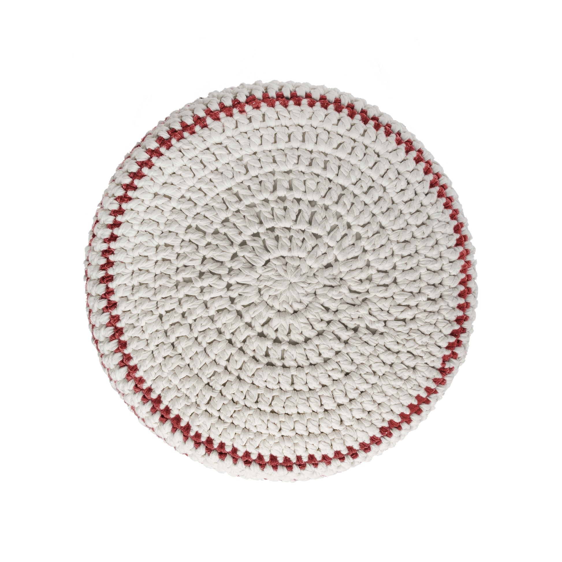 Puff de crochê artesanal listras, Vermelho, com fio 100% algodão.  Fechamento com zíper, possibilitando a remoção da capa para lavagem.  Dimensões: Altura - 30cm; Diâmetro - 60cm. 